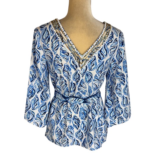 Lilly Pulitzer Resort White Kailen Top Drop In Blue Shells Embellished Tie Waist - Picture 5 of 13